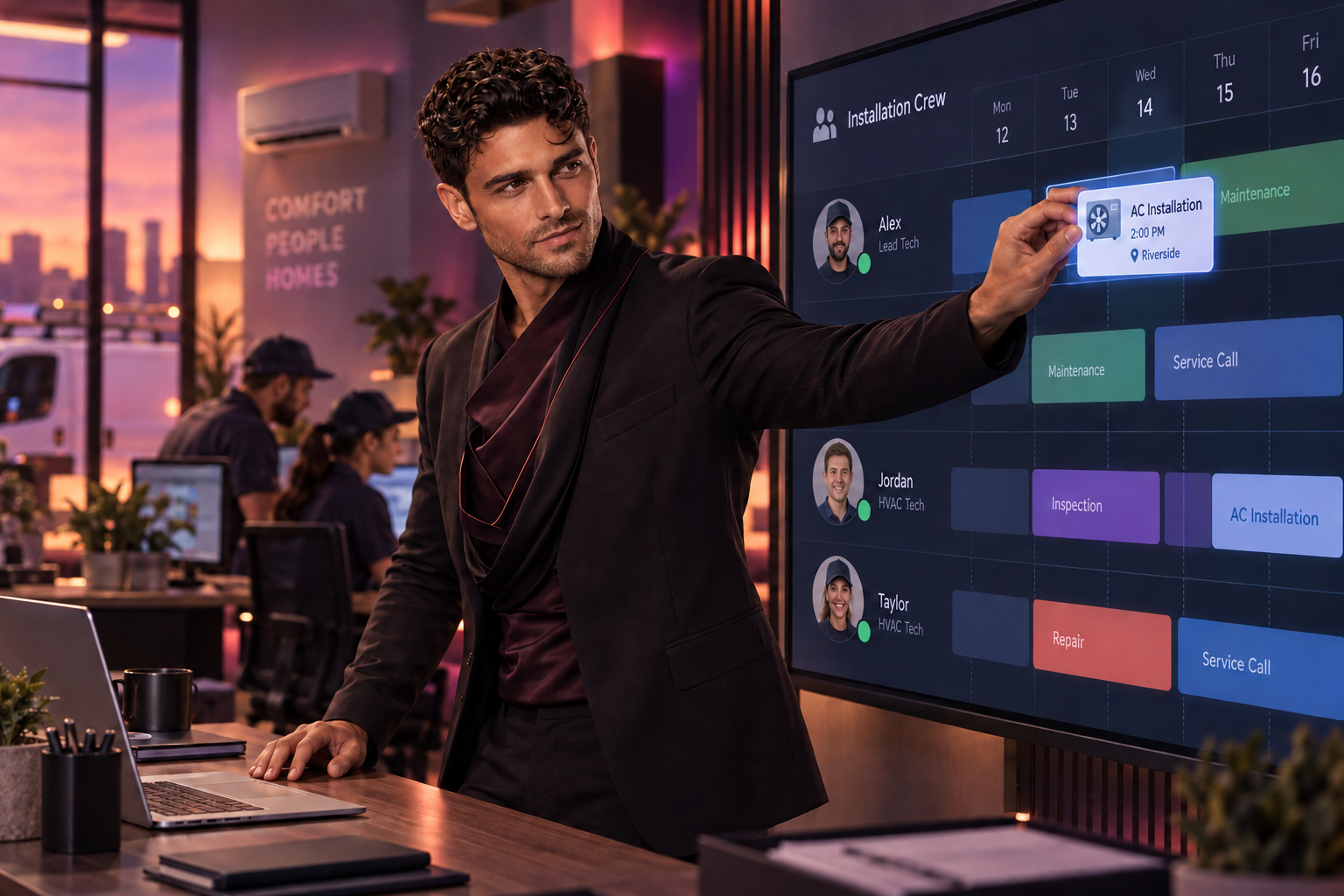 Operator assigns an installation request to an available technician in the team calendar.