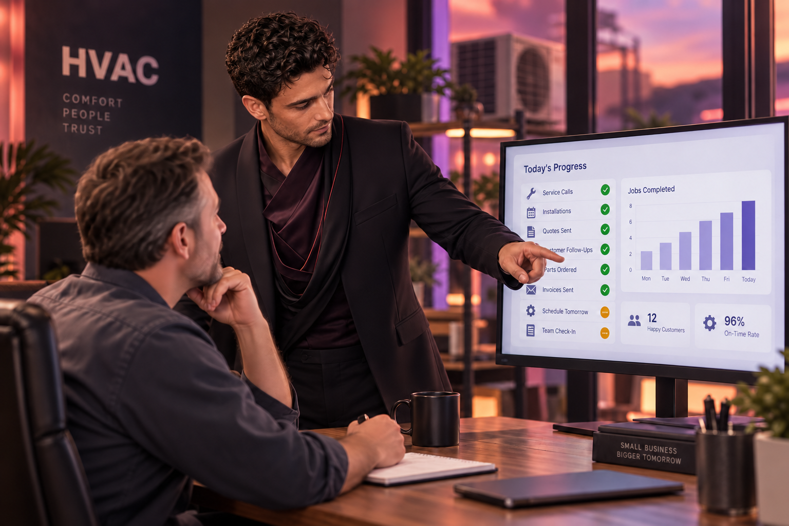 Operator shows the business owner completed work and pending tasks in a daily report.